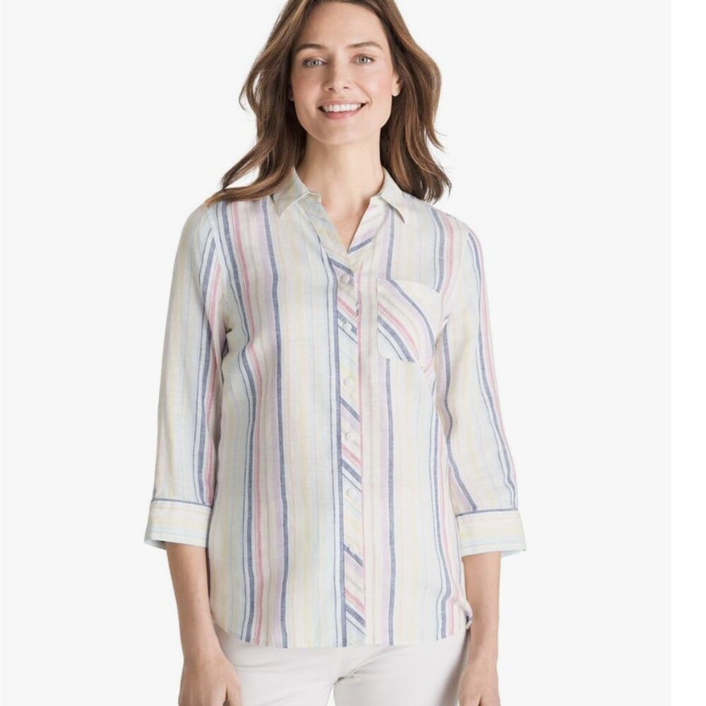 Chico's size Large/2 Pastel Colorful Striped 100% Linen 3/4 Sleeve Button Down